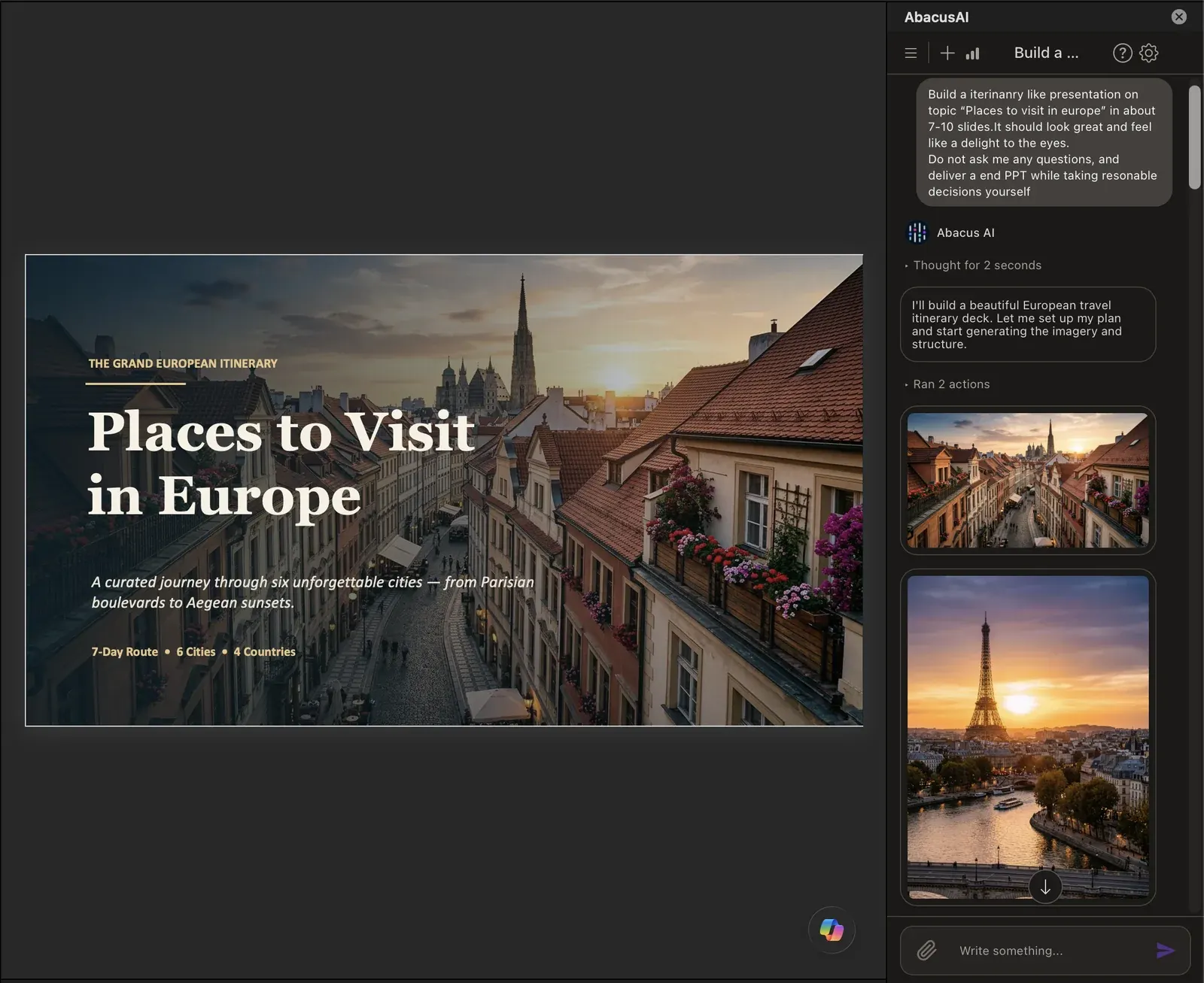 Abacus AI in PowerPoint: a finished travel-deck title slide beside the task pane generating hero imagery for the presentation