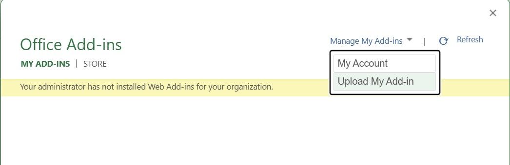 Managing My Add-ins and selecting Upload My Add-ins