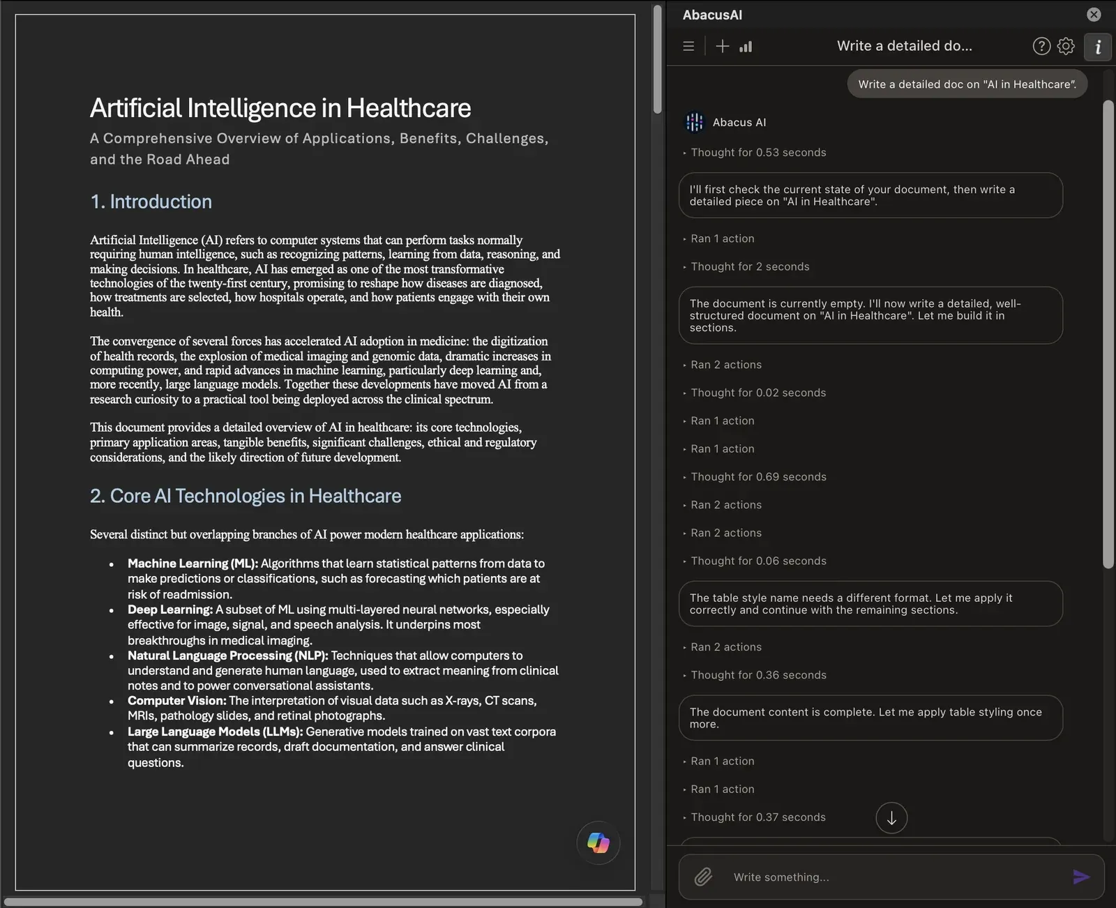 Abacus AI in Word: a structured multi-section document written by the assistant, with the task pane showing its progress